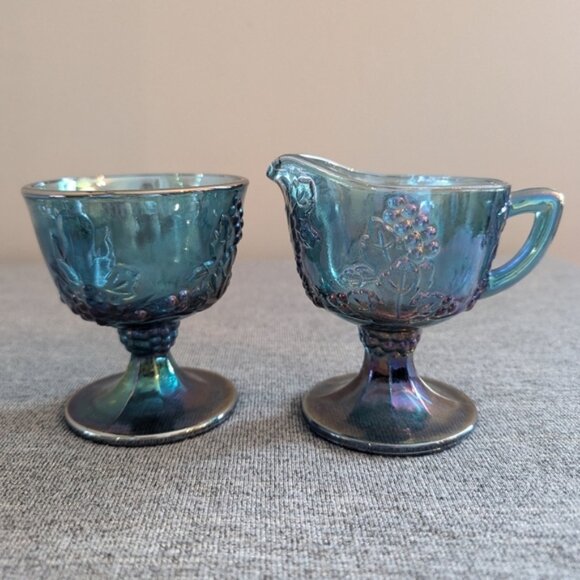 Indiana Carnival Glass, Blue Creamer and Sugar Set in Harvest Grape (No Tray) - Picture 2 of 6
